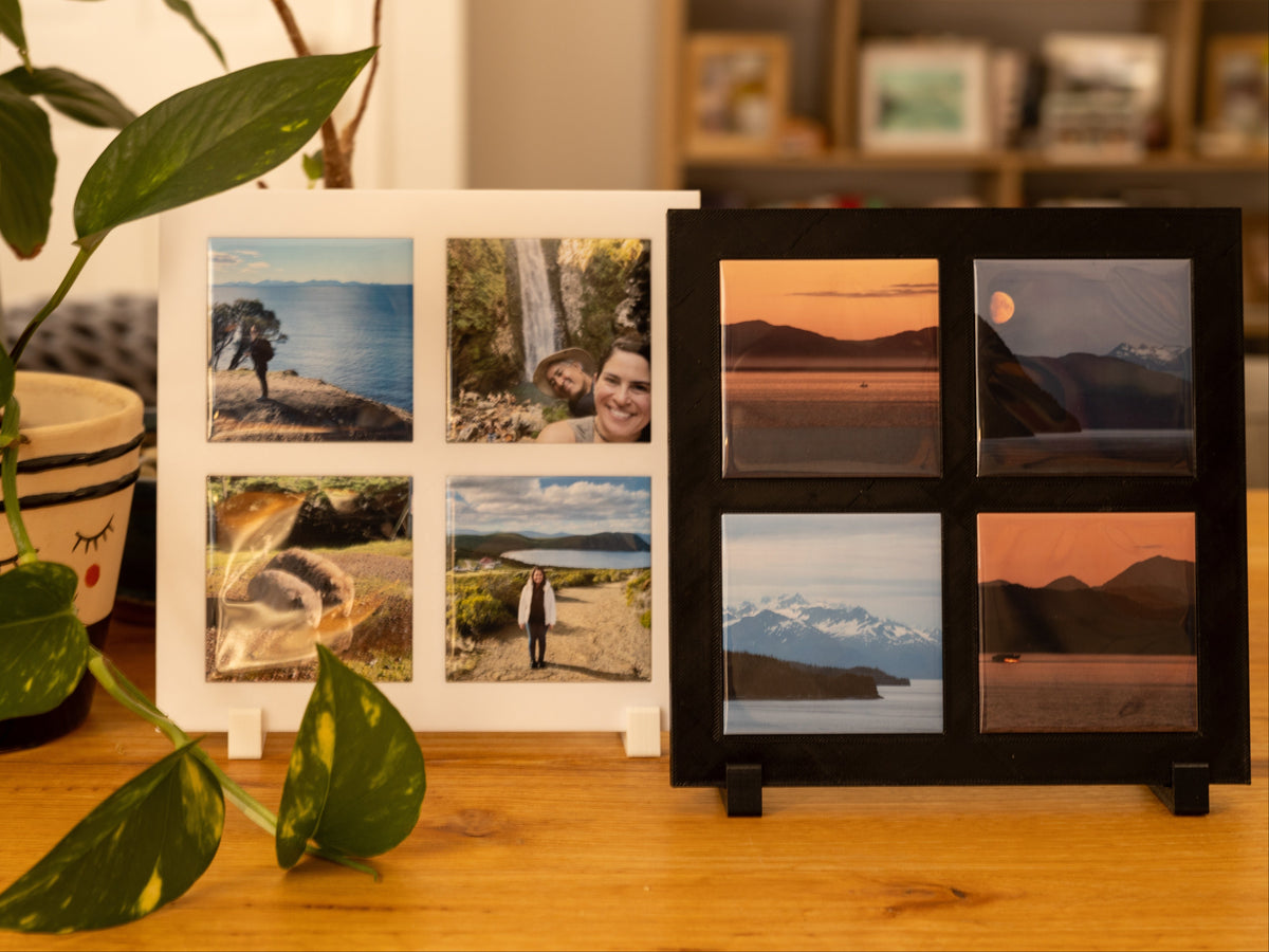 Photo Magnet Display Frame holding four pressed photo magnets
